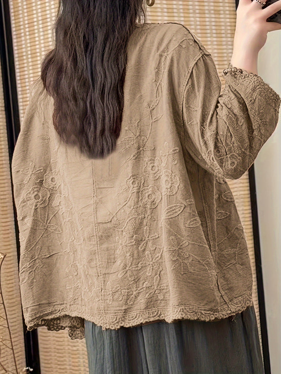 Damen Bluse Langarm V-Ausschnitt Bestickt mit Knopfleiste und Spitze