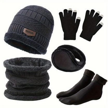 Winterset met muts, sjaal, handschoenen, oorwarmers en gebreide, gevoerde sokken, donkerblauw
