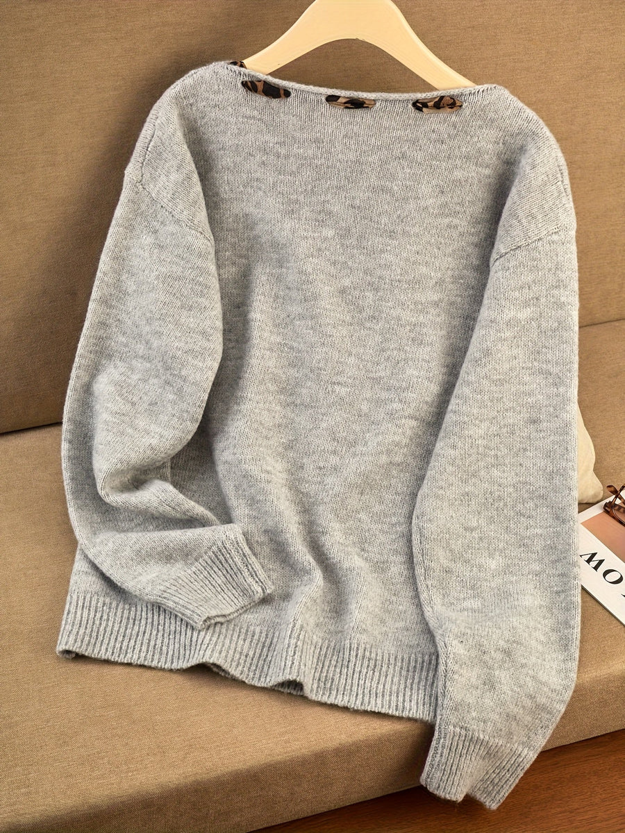 Damen Pullover mit Leopardenmuster Schal Ausschnitt Langarm Strickpullover