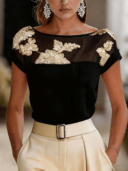 Damen Bluse Elegant mit Blumenstickerei und Illusionsausschnitt – Festlich & Büro