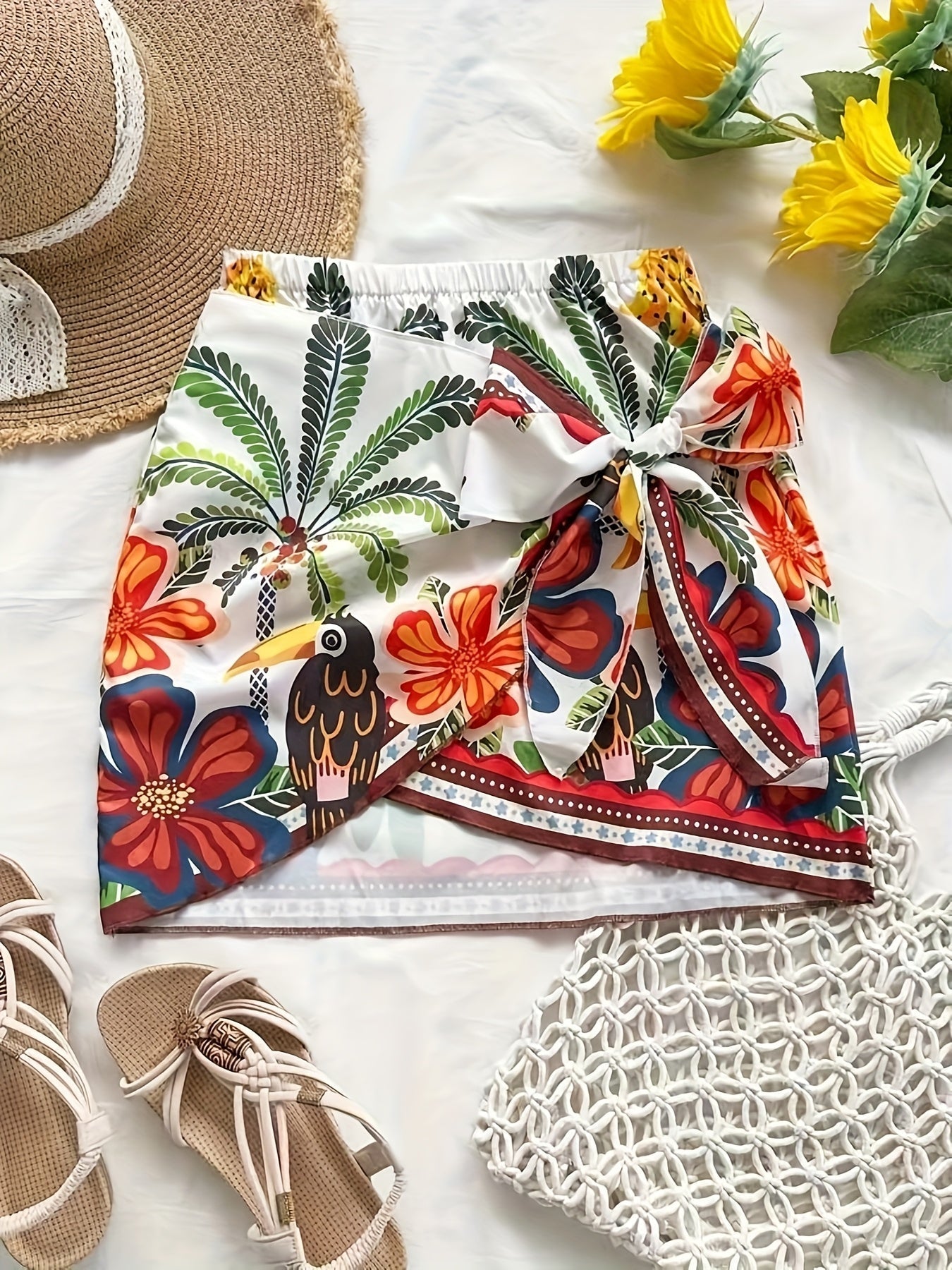 Damen Mini Wickelrock mit tropischem Print und Schleife – Urlaub Strandmode
