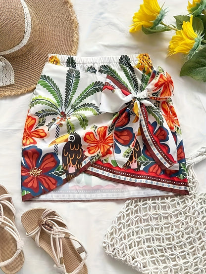 Damen Mini Wickelrock mit tropischem Print und Schleife – Urlaub Strandmode