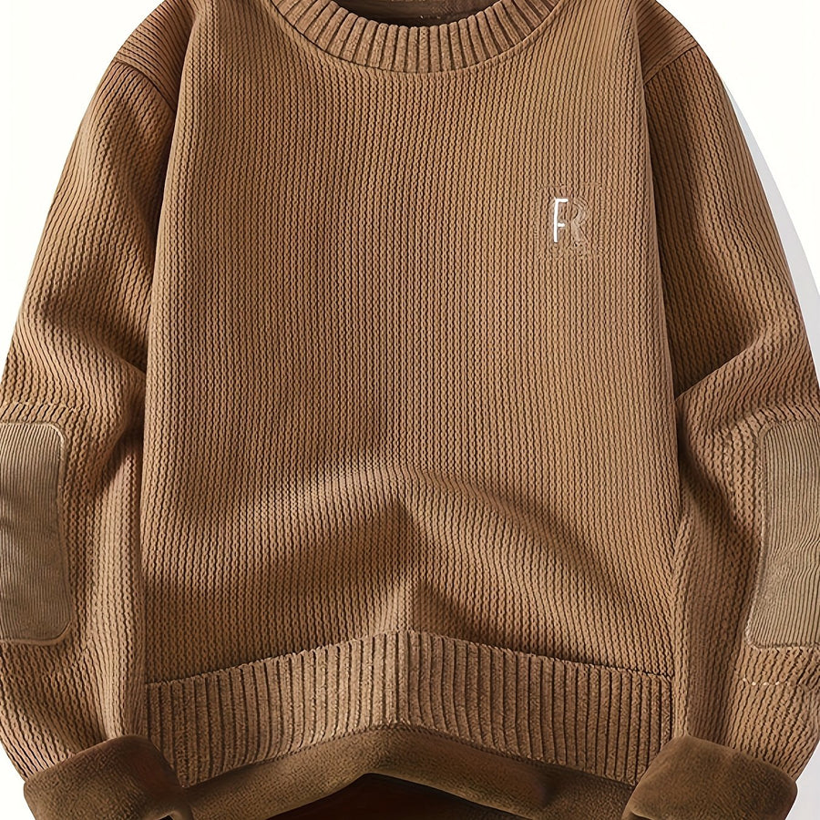 Unisex Langarm-Sweatshirt mit Rundhalsausschnitt, gerippter Textur und Ellenbogen-Patches