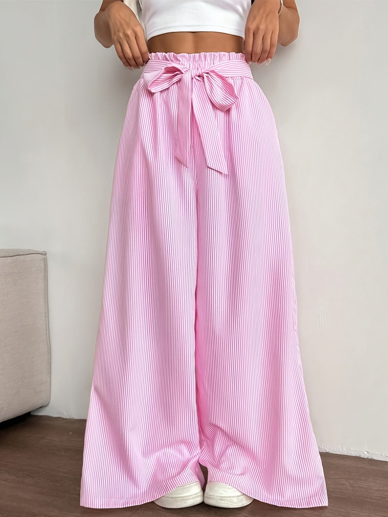 Damen Weite High-Waist Hose mit Schleifenbund und Streifen – Eleganter Alltags- und Freizeitstil