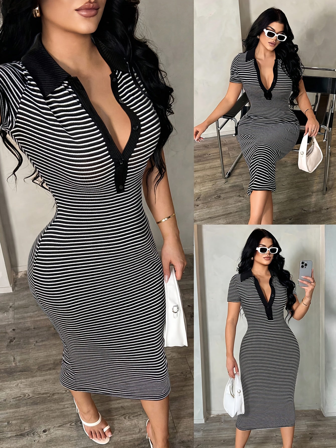 Damen Bodycon Polo-Midikleid mit Streifen – Eleganter Freizeit-Look mit sportlichem Kragen
