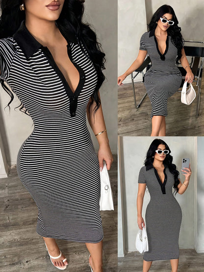 Damen Bodycon Polo-Midikleid mit Streifen – Eleganter Freizeit-Look mit sportlichem Kragen