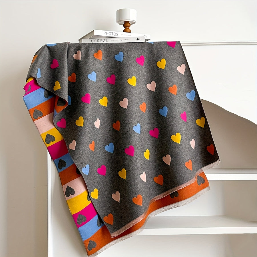 Weicher Schal mit Herzchenmuster – Warmer Winterschal mit Fransenenden