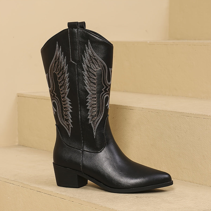 Damen Westernstiefel Cowboystiefel mit Flügel-Stickerei und Blockabsatz