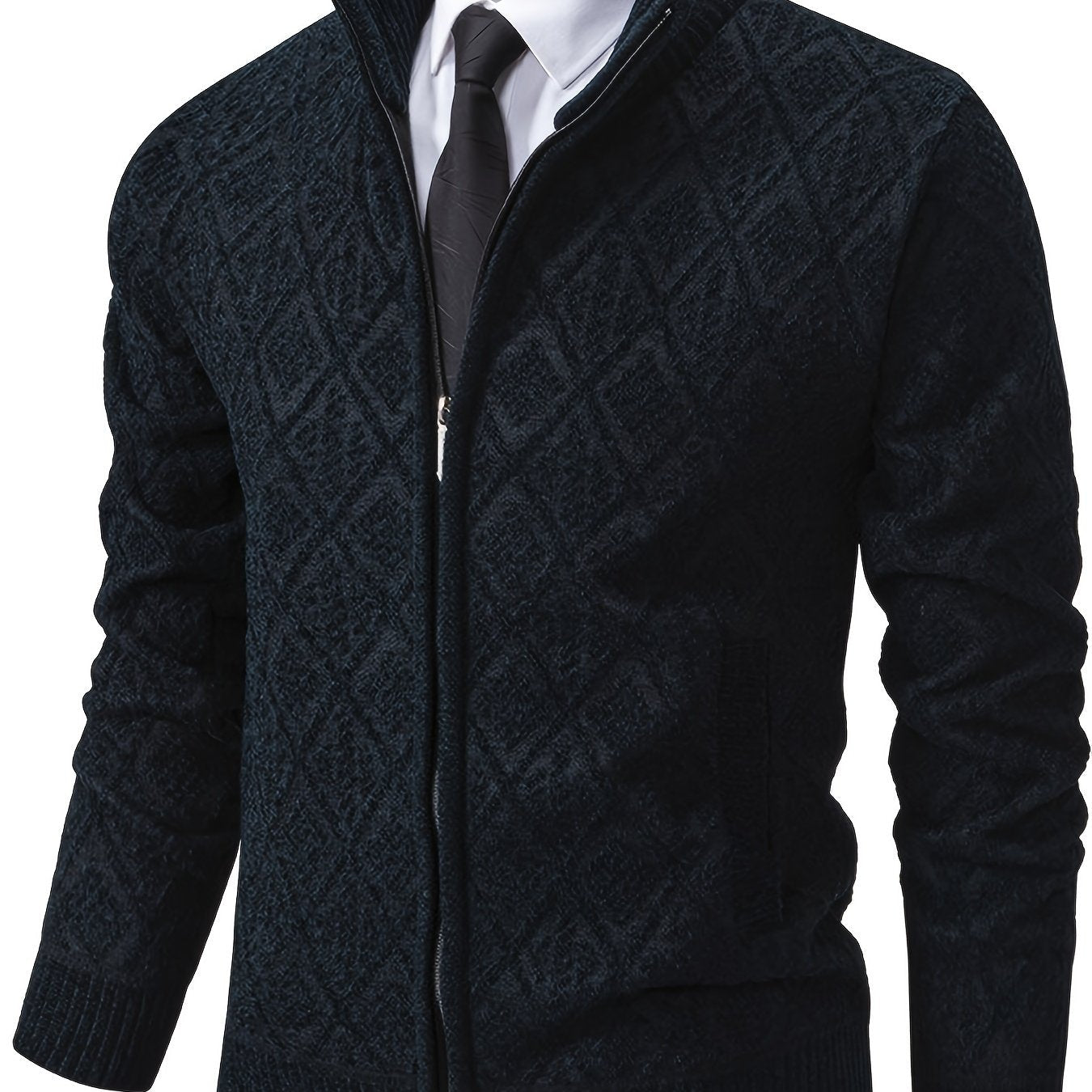 Herren Strickjacke mit Stehkragen, Reißverschluss und Rautenmuster