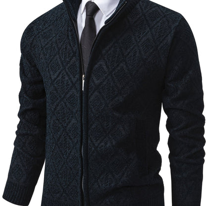 Herren Strickjacke mit Stehkragen, Reißverschluss und Rautenmuster