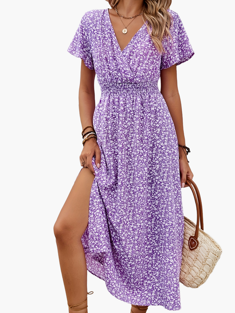 Damen Boho Maxikleid mit V-Ausschnitt und Blumenmuster – Elegantes Sommerkleid für Alltag und Urlaub