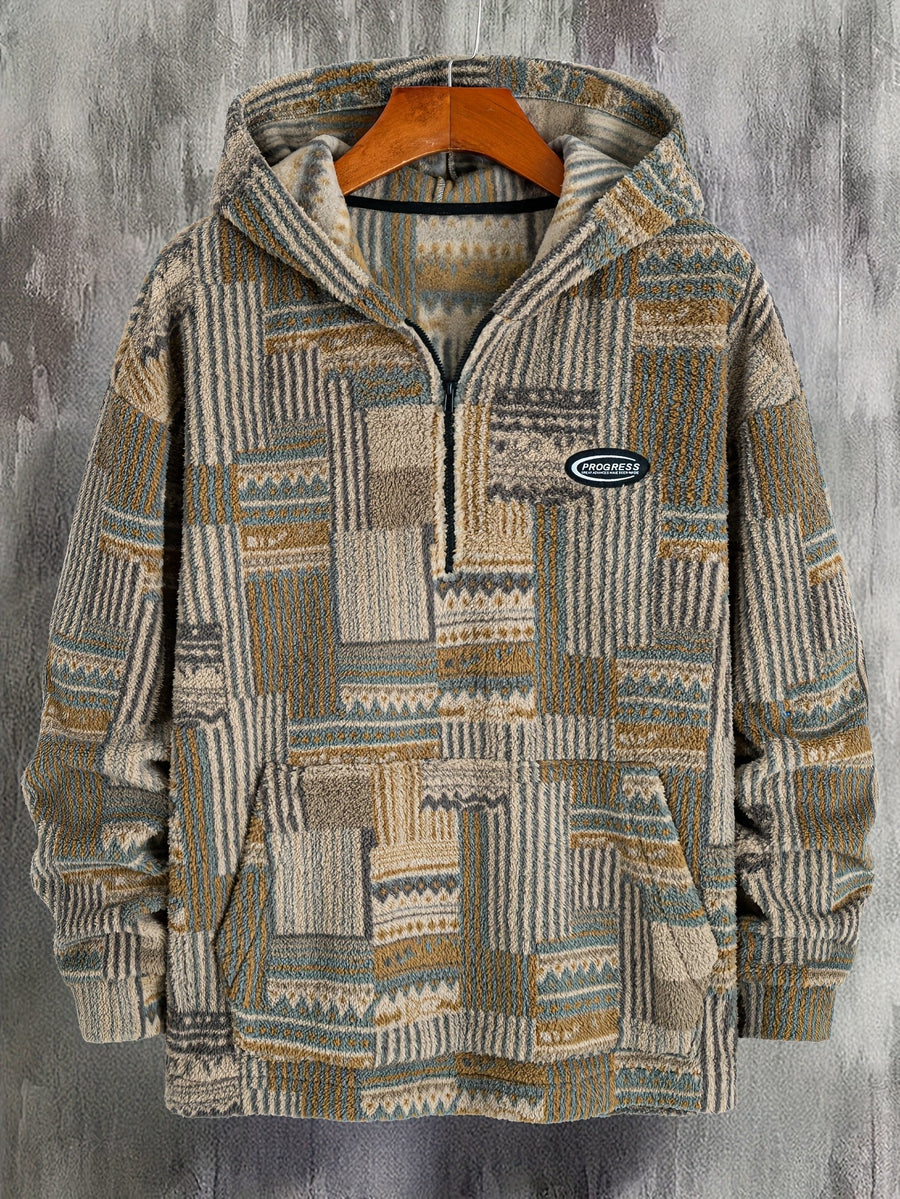 Heren patchwork-hoodie van teddyfleece met quarter-zip