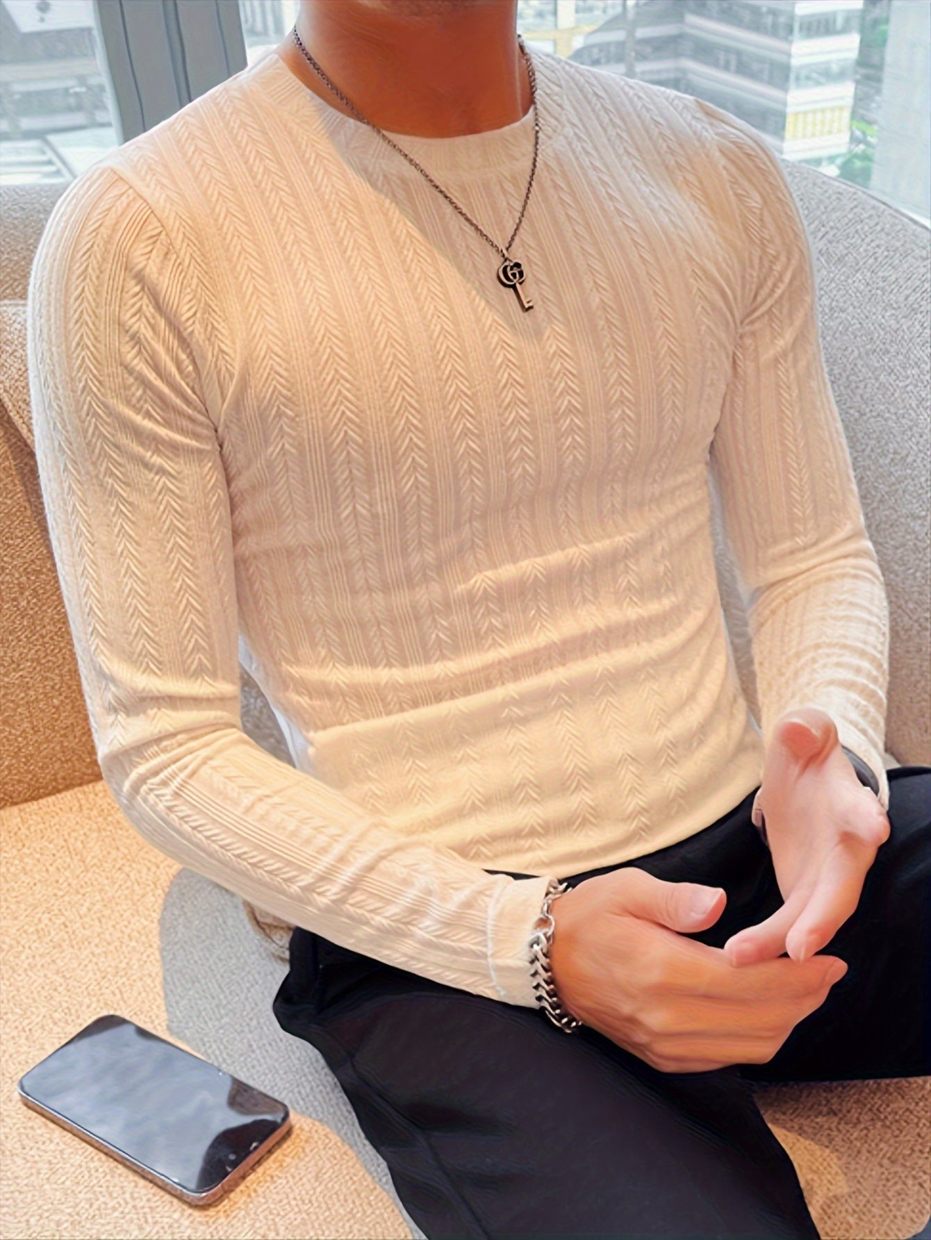 Herren Langarmshirt Slim Fit mit Strukturmuster Rundhals Weiß