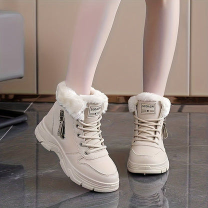 Winterstiefel Damen gefüttert Weiß Khaki Schnürung Profilsohle