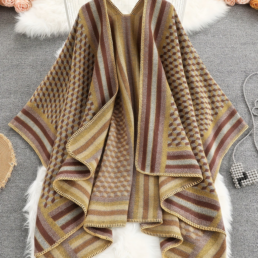 Damen Poncho Cape mit offenem Vorderteil und geometrischem Muster – Boho Stil für Alltag und Freizeit
