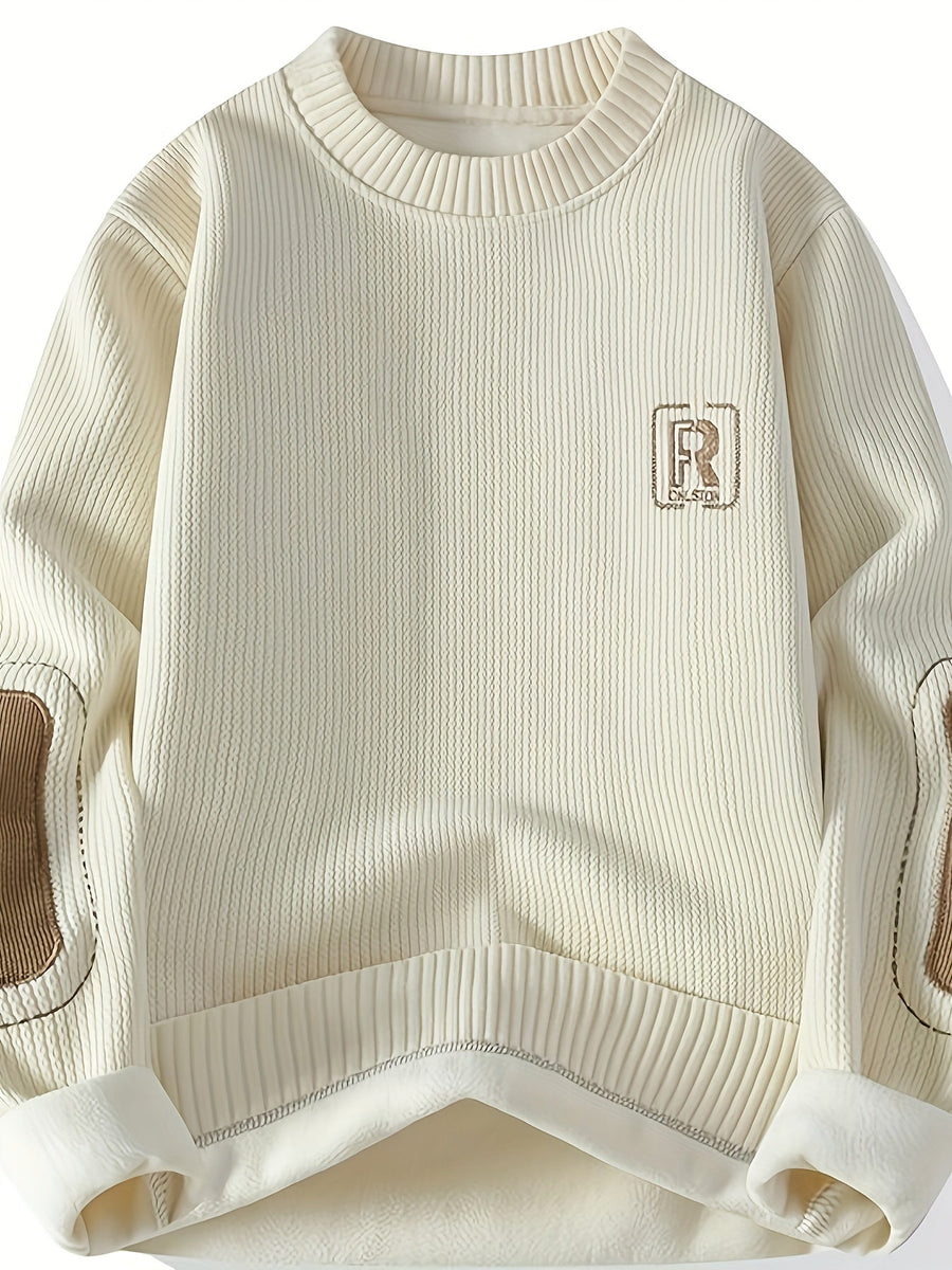 Unisex Langarm-Sweatshirt mit Rundhalsausschnitt, gerippter Textur und Ellenbogen-Patches