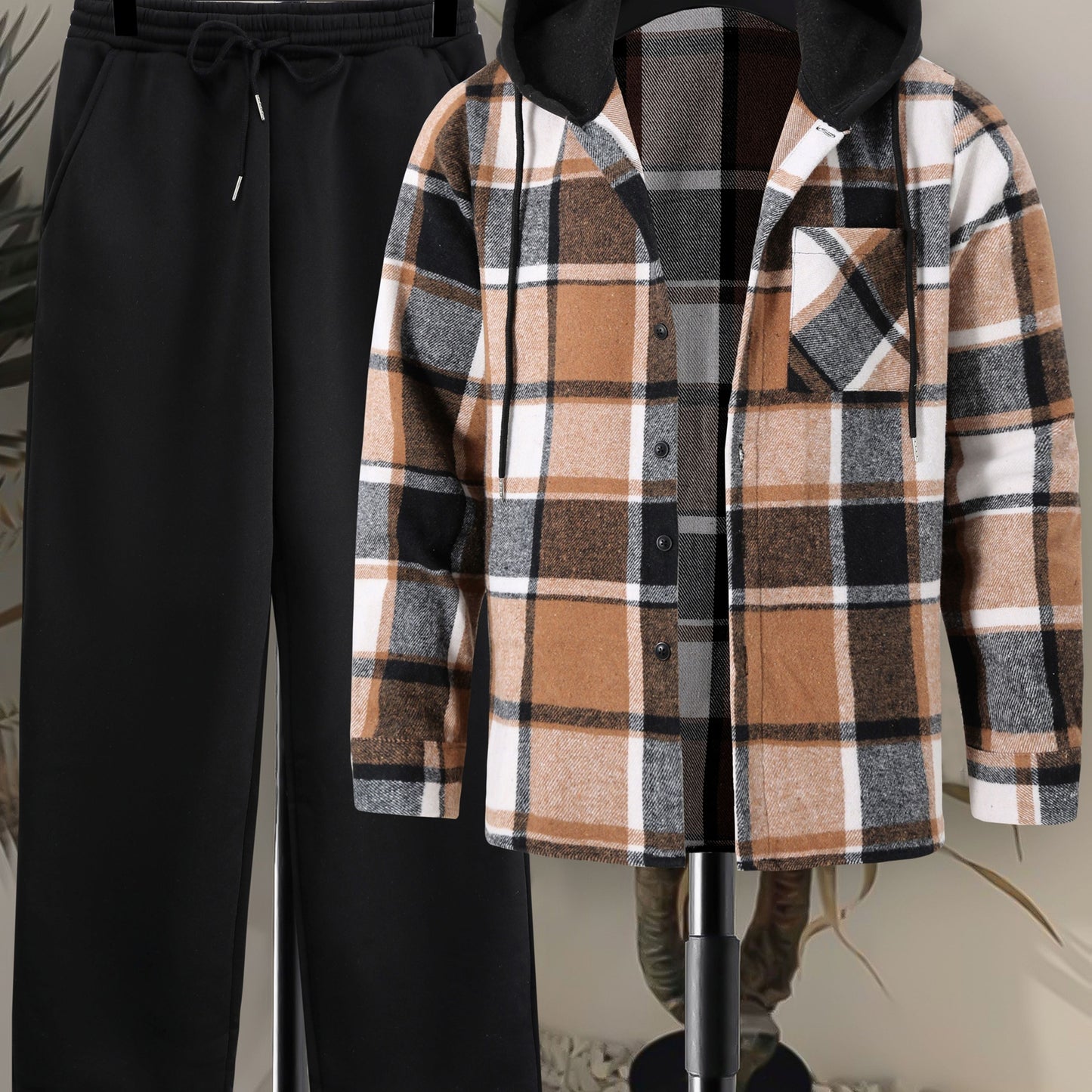 Herren Kariertes Flanell Hemd mit Kapuze & Einfarbige Jogginghose Set Grau