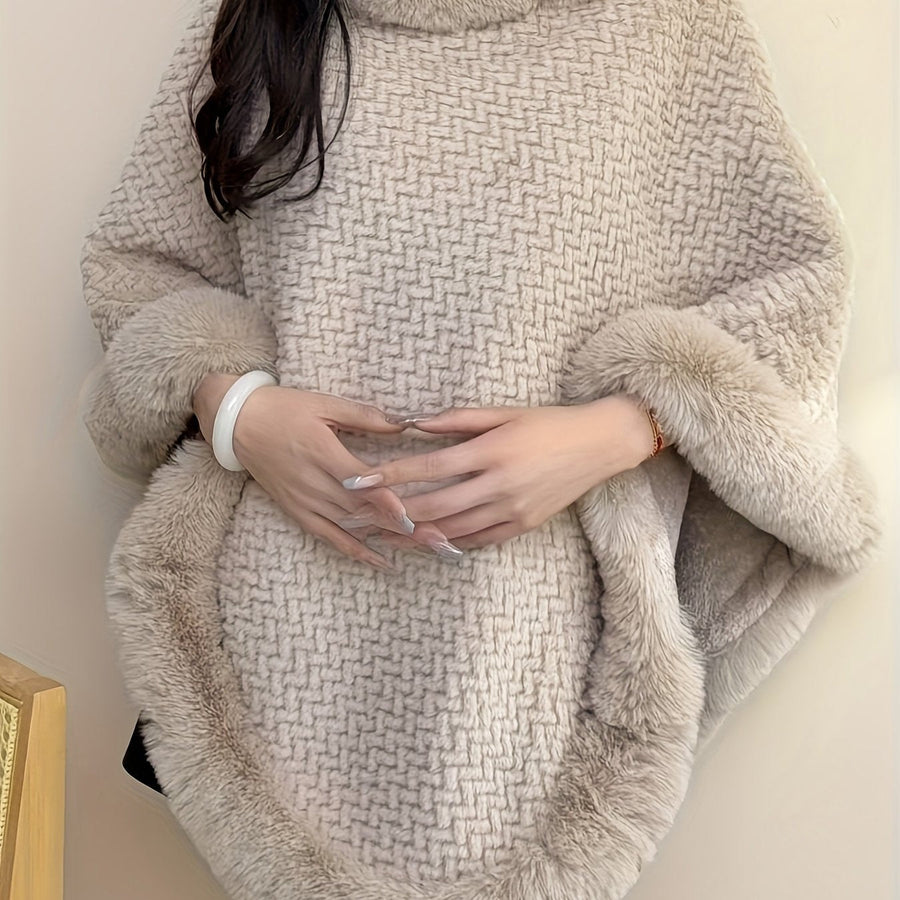 Damen Poncho Kuschelig Weich mit Kunstpelzbesatz Rollkragen