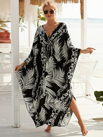 Damen Luxus Kaftan Maxikleid mit tropischem Palmen- und Kettenmuster – Eleganter Strand- und Resort-Style