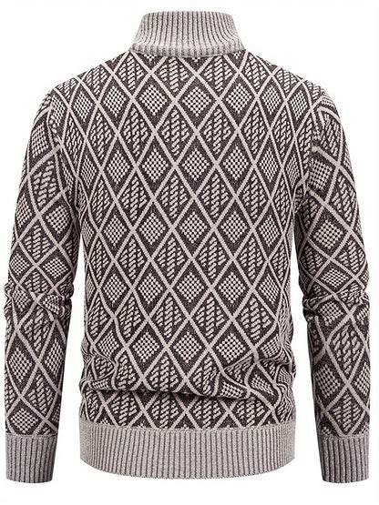 Herren Strickjacke mit Stehkragen, Reißverschluss und Rautenmuster
