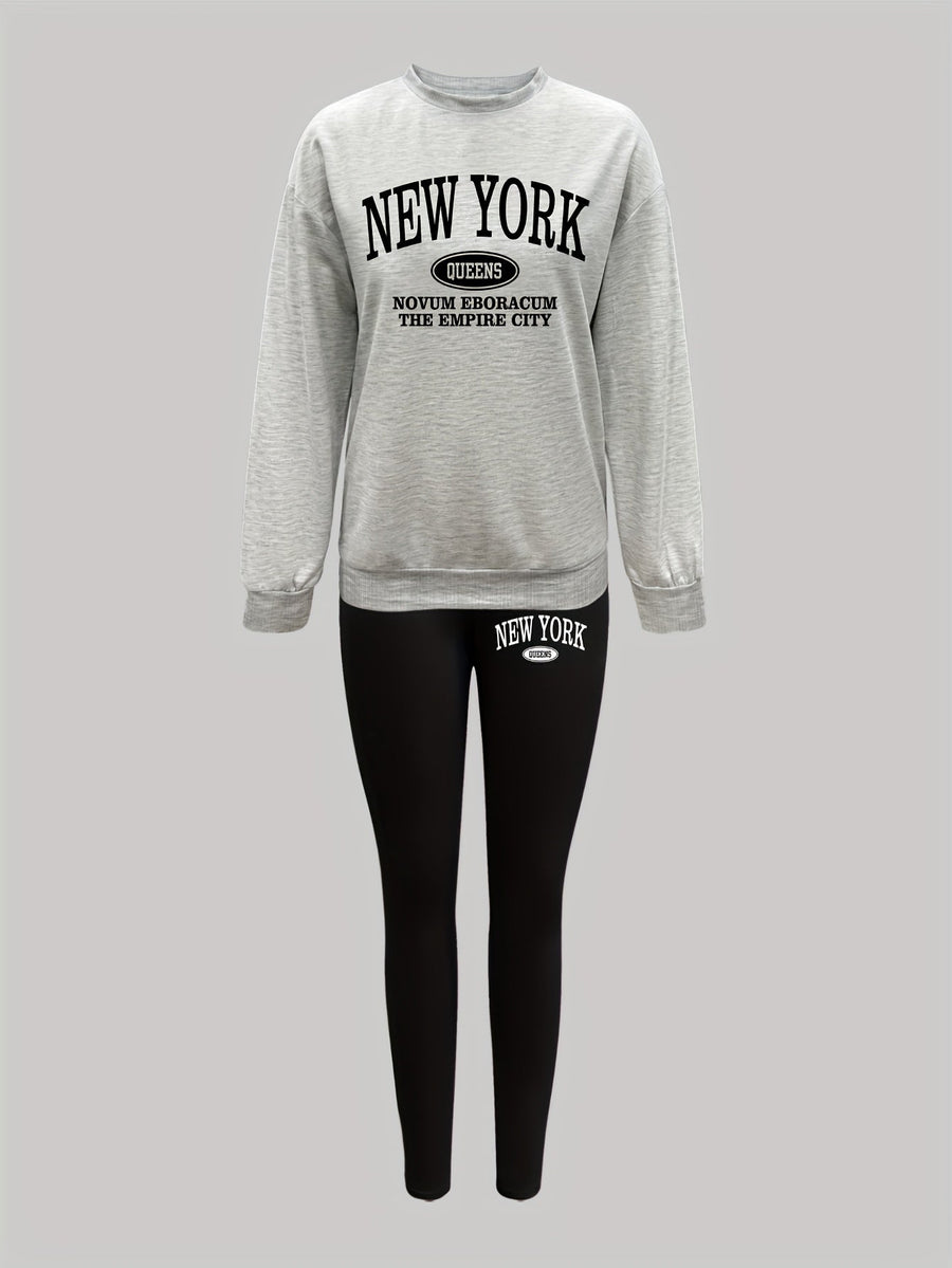 Damen Trainingsanzug Set Sweatshirt & Leggings New York Queens Print Schwarz