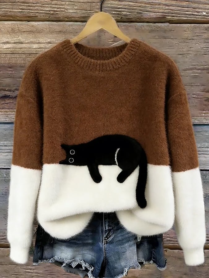 Weicher Damen Pullover mit Katze Rundhals Langarm Strickpullover Mehrfarbig