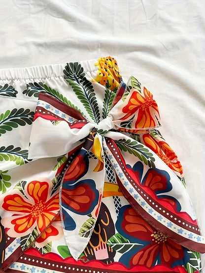 Damen Mini Wickelrock mit tropischem Print und Schleife – Urlaub Strandmode