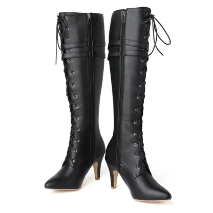 Damen Stiefel Schwarz mit Schnürung, hohem Absatz und Schnallen