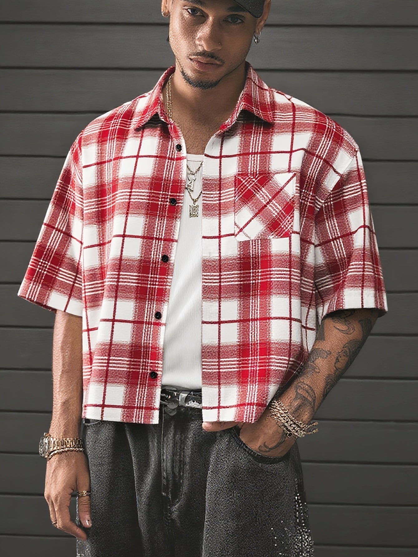 Herren Kurzarm Hemd Kariert Relaxed Fit Streetstyle