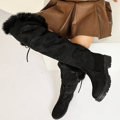 Damen Overknee Stiefel Schwarz mit Kunstfell und Schnürung Profilsohle