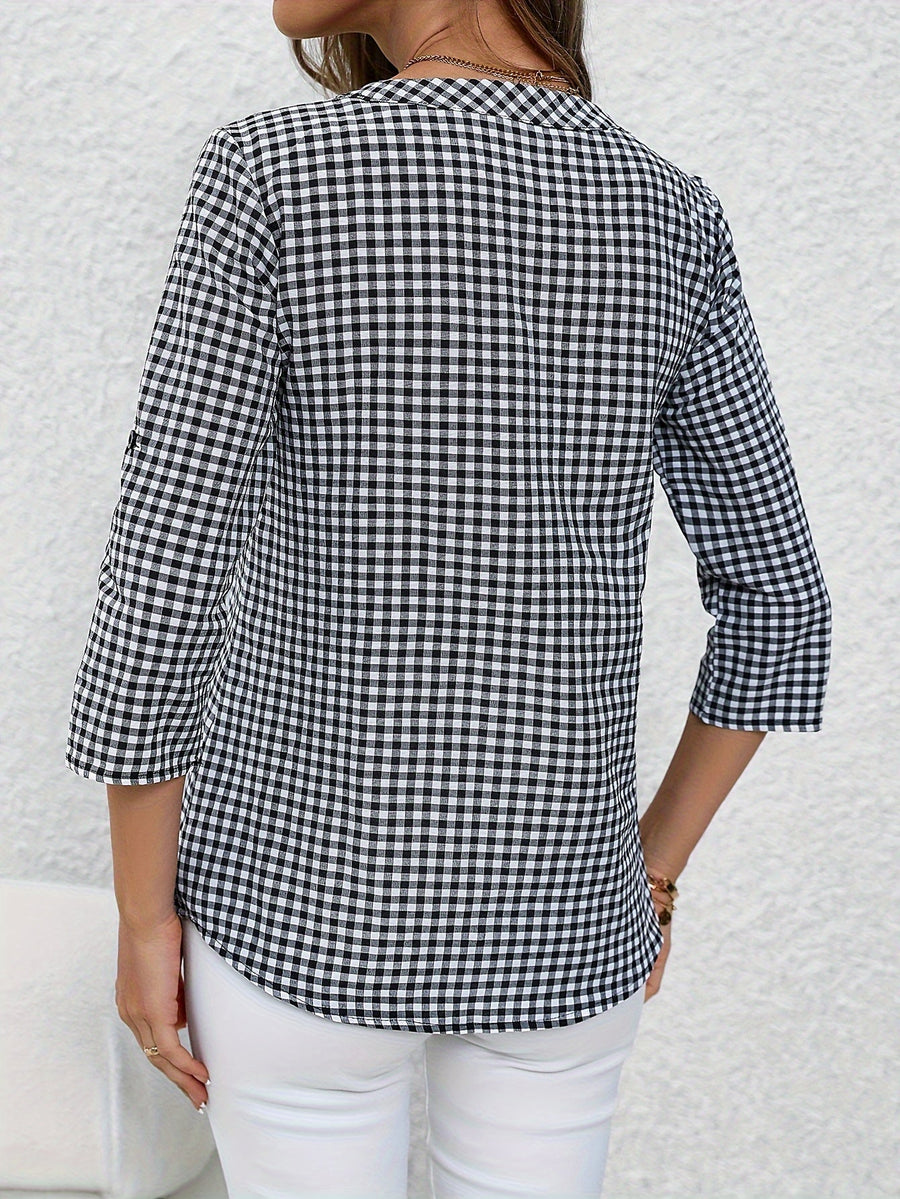Damen Casual Karo Bluse mit Knopfleiste und 3/4-Ärmeln – Perfekt für Alltag & Freizeit