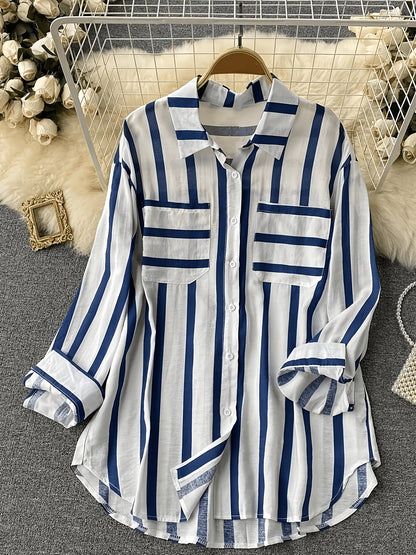 Damen Streifen-Bluse im klassischen Hemd-Stil – Modisches Freizeit- und Büro-Outfit