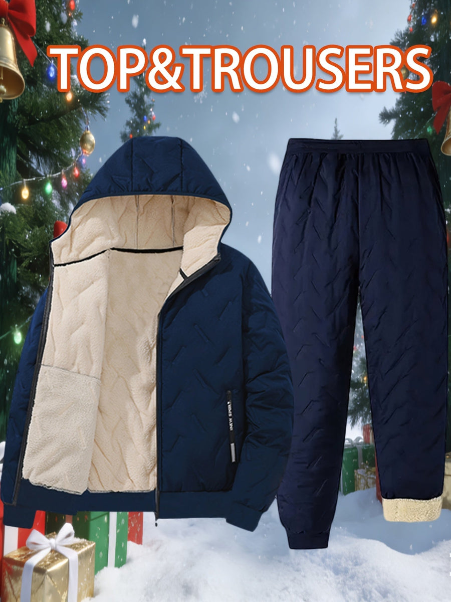 Herren Winter Thermo Anzug Gesteppt Gefütterte Jacke mit Kapuze und Hose