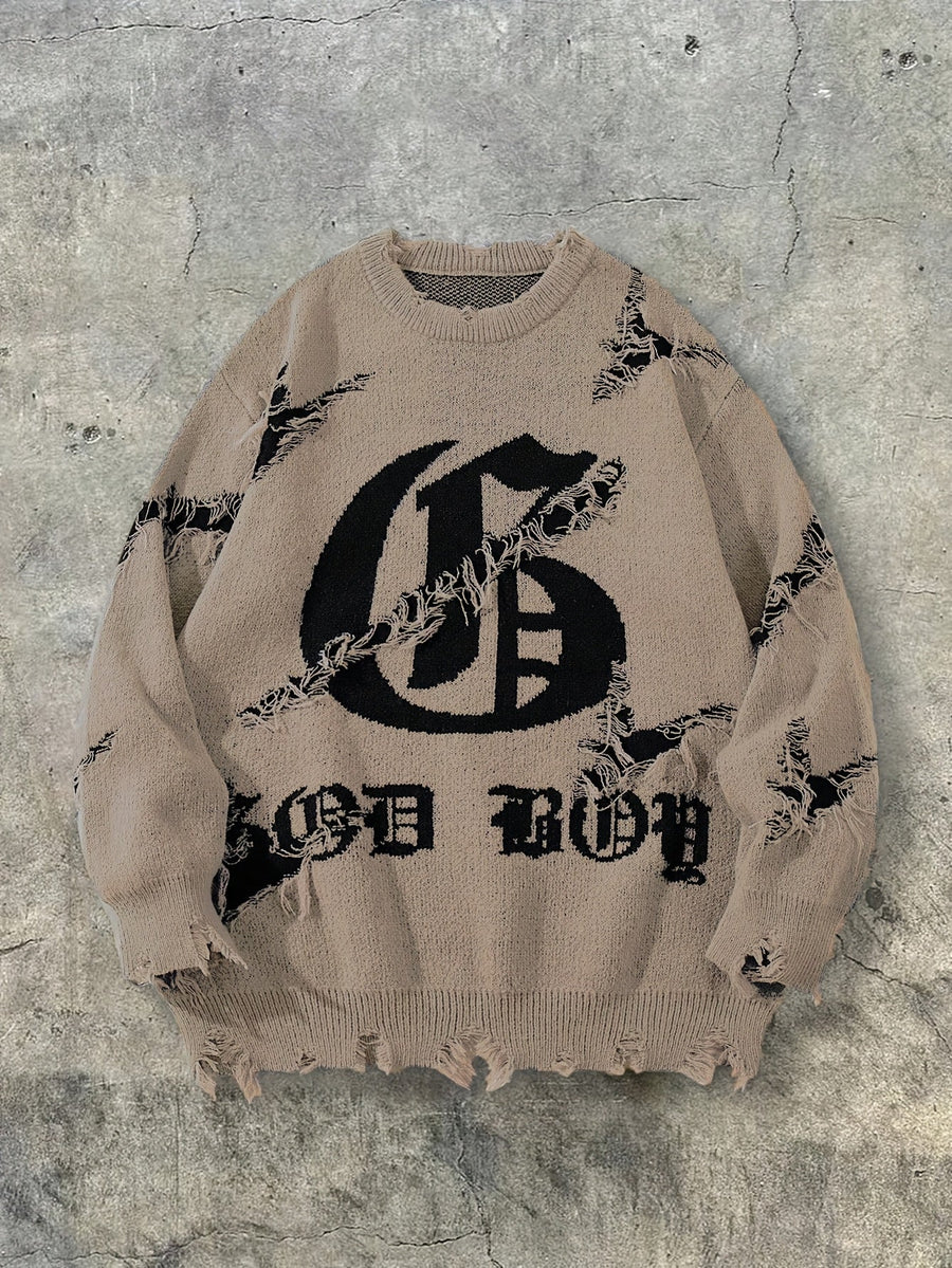 Distressed Pullover mit Rundhalsausschnitt und Gothic-Print