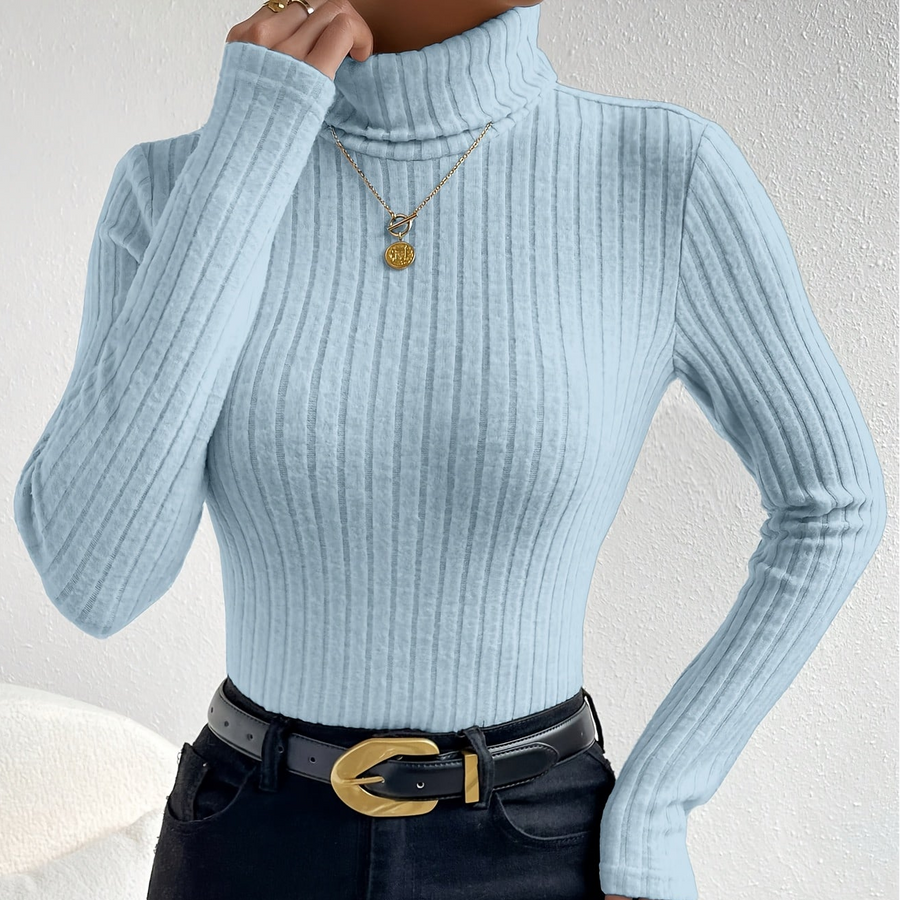 Damen Rollkragenpullover Rippstrick Langarmshirt Eng Anliegend