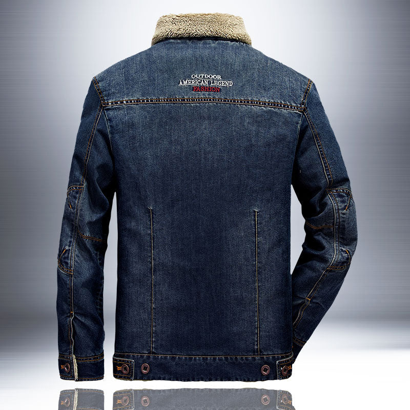 Herenjeansjack met imitatiebontvoering - donkerblauw