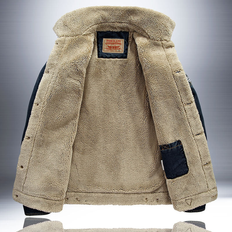 Herenjeansjack met imitatiebontvoering - donkerblauw