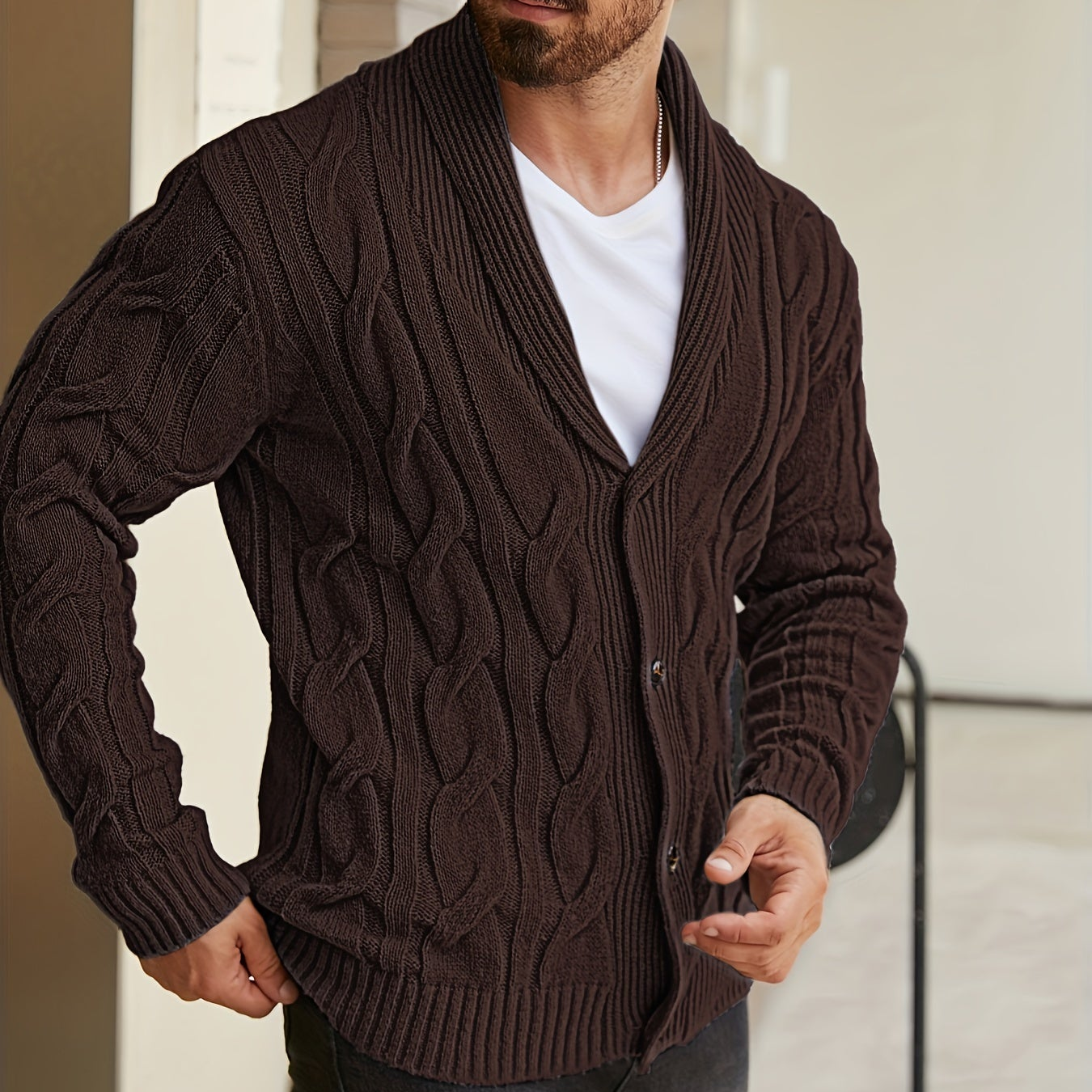 Herren Strickjacke Schalkragen Zopfmuster Knöpfe