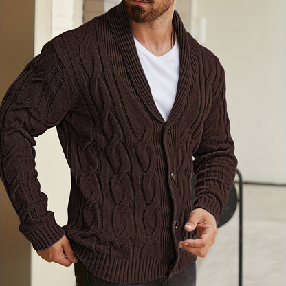 Herren Strickjacke Schalkragen Zopfmuster Knöpfe