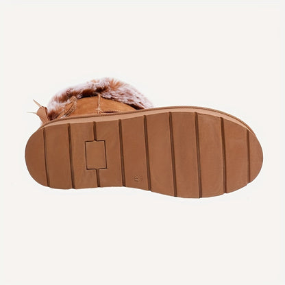 Damen Winterstiefel Wildleder-Optik mit Kunstfellrand und Schleifenverzierung Braun