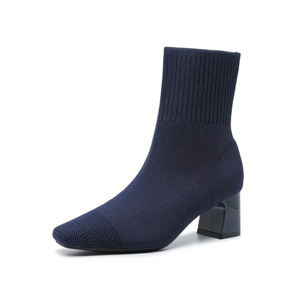 Damen Strick-Stiefelette mit Blockabsatz & spitzer Zehenpartie