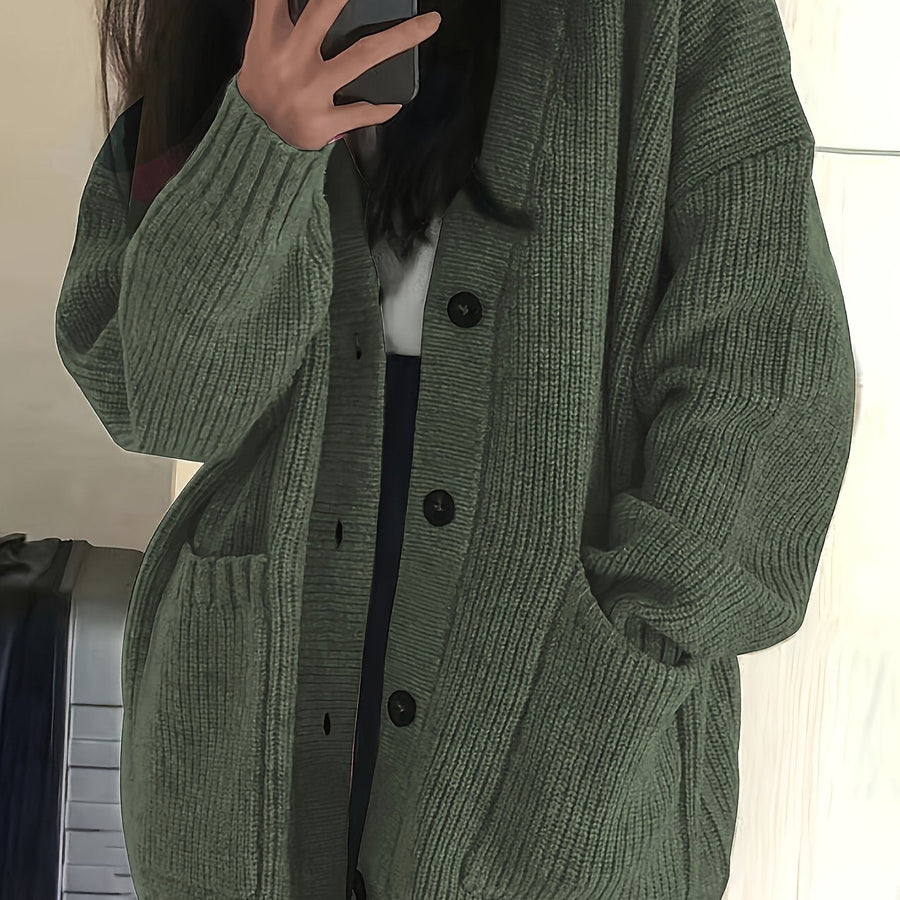 Damen Strickjacke Langarm V-Ausschnitt Knopfleiste Rippstrick Oversize