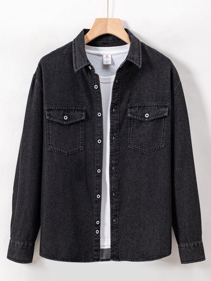 Herren Jeanshemd Langarm mit Brusttasche und Knopfleiste