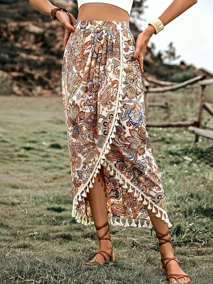 Damen Midirock Boho Wickelstil mit Paisley-Muster und Quasten für Freizeit und Festivals