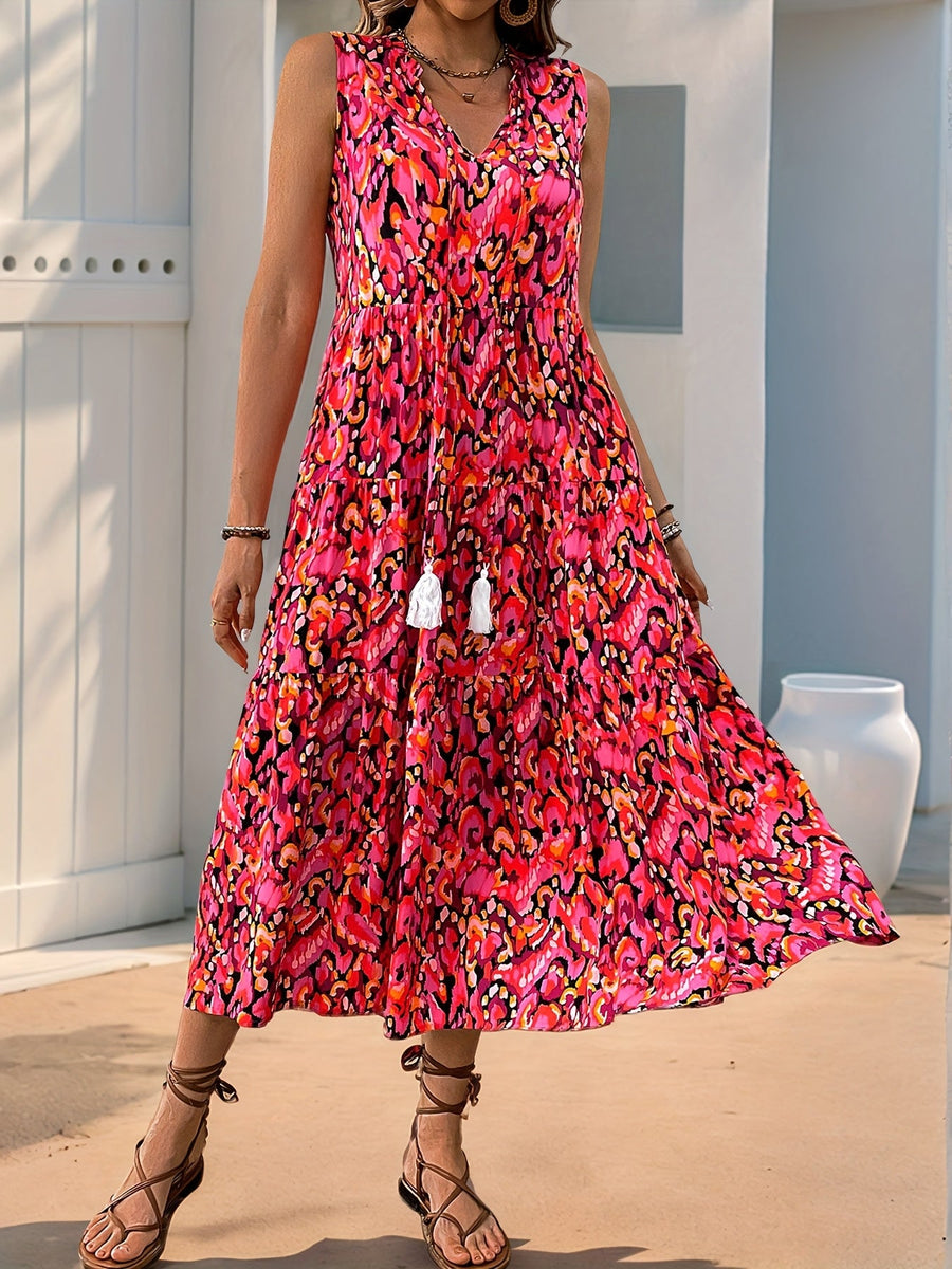 Damen Boho A-Linien Sommerkleid ärmellos – Luftiges Freizeitkleid mit Allover-Print und Quasten