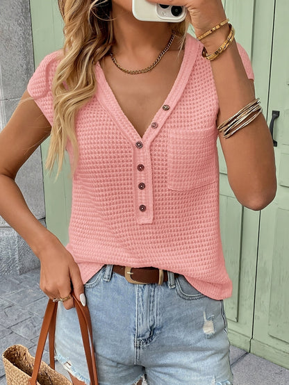 Damen Henley Shirt mit Knopfleiste und Struktur – Lässiges Kurzarm-Oberteil für Alltag und Freizeit