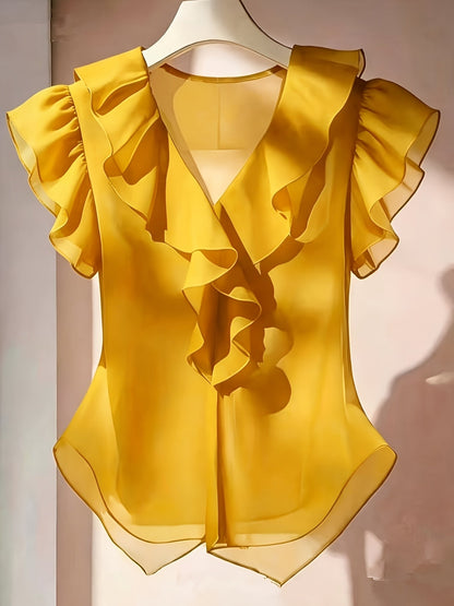 Damen Rüschenbluse mit V-Ausschnitt und Volantärmeln – Eleganter Stil für Büro und besondere Anlässe