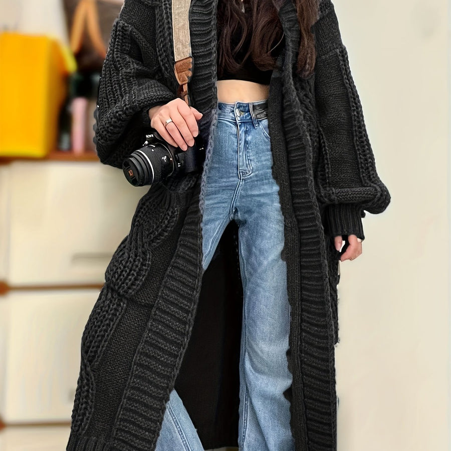 Damen Strickmantel Lang mit Kapuze Zopfmuster Strickjacke Grau