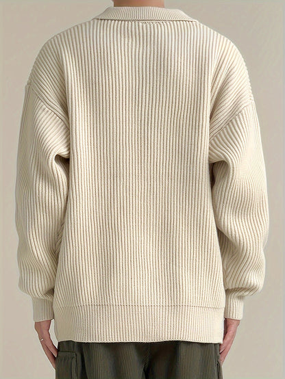 Gerippte Strickjacke für Herren mit Knopfleiste, Polo-Kragen, Langarm