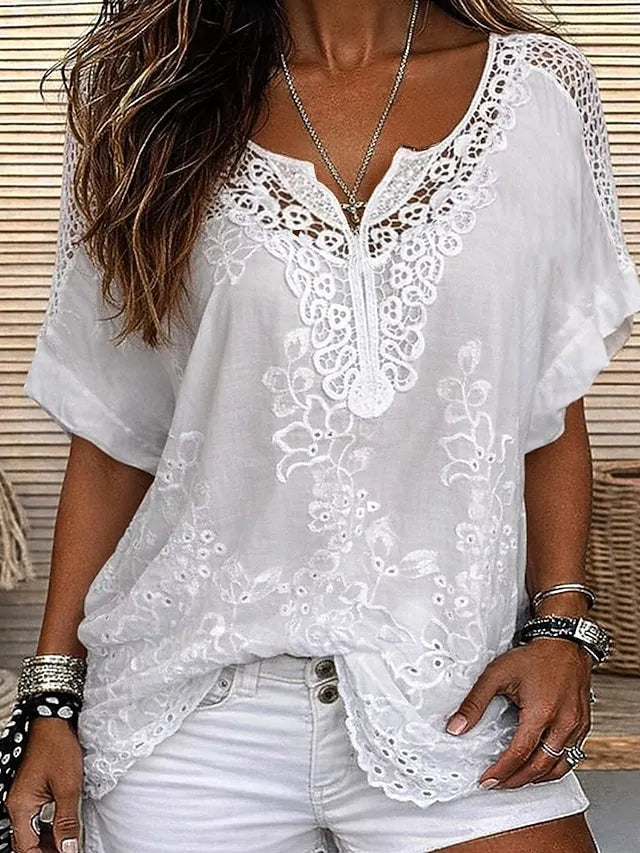 Damen Kurzarm Bluse mit Spitze & Stickerei V-Ausschnitt